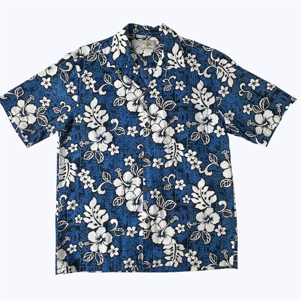 Vintage Ho Aloha Hawaiian Camp‎ Shirt Blue White Floral Turtle Made Hawaii Sz M